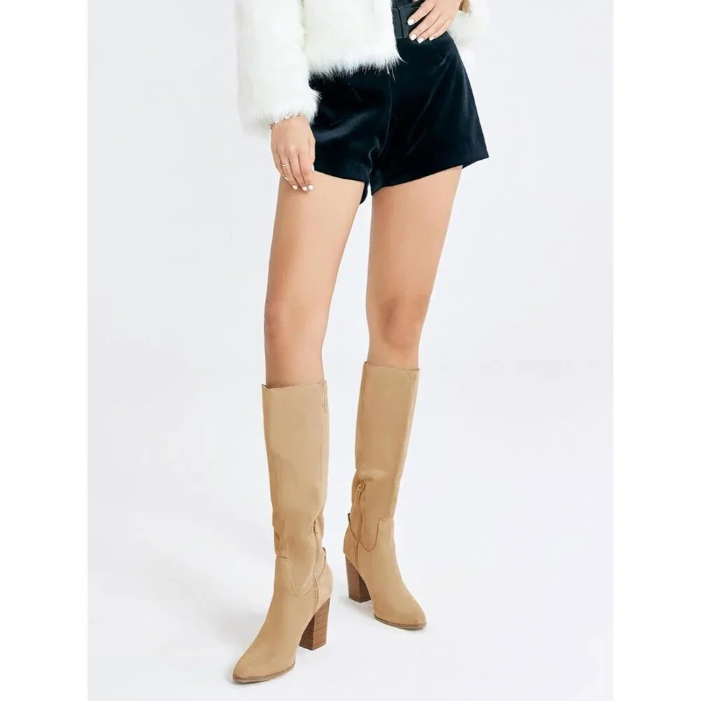 Women Faux Sueder Khaki Knee High Chunky Heel Side Zipper Stretch Winter Boot